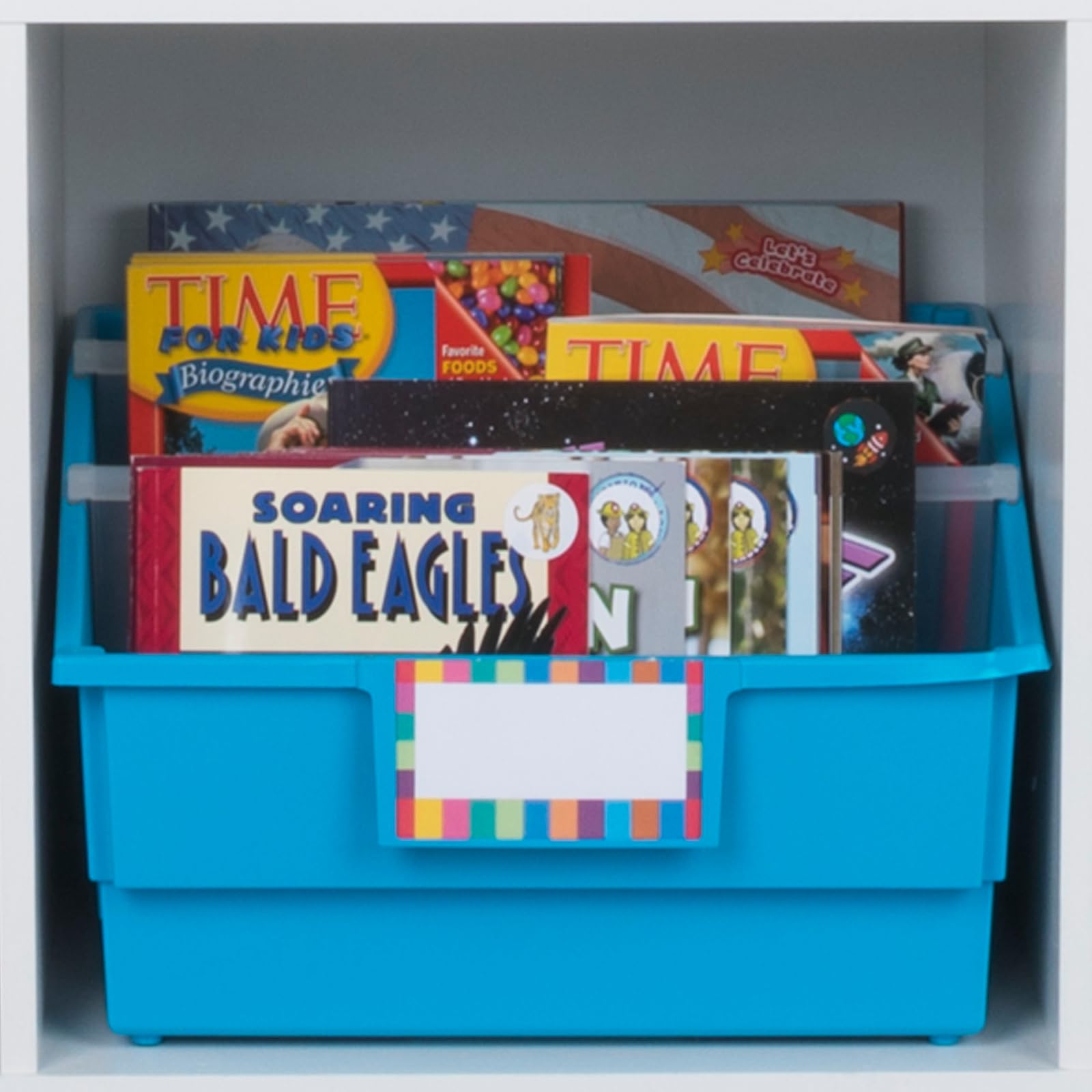 Really Good Stuff Single-Color Picture Book Classroom Library Bins with Dividers, 13.5" x 13.5" x 7.75", 4 Pack, Neon Blue - Image 3