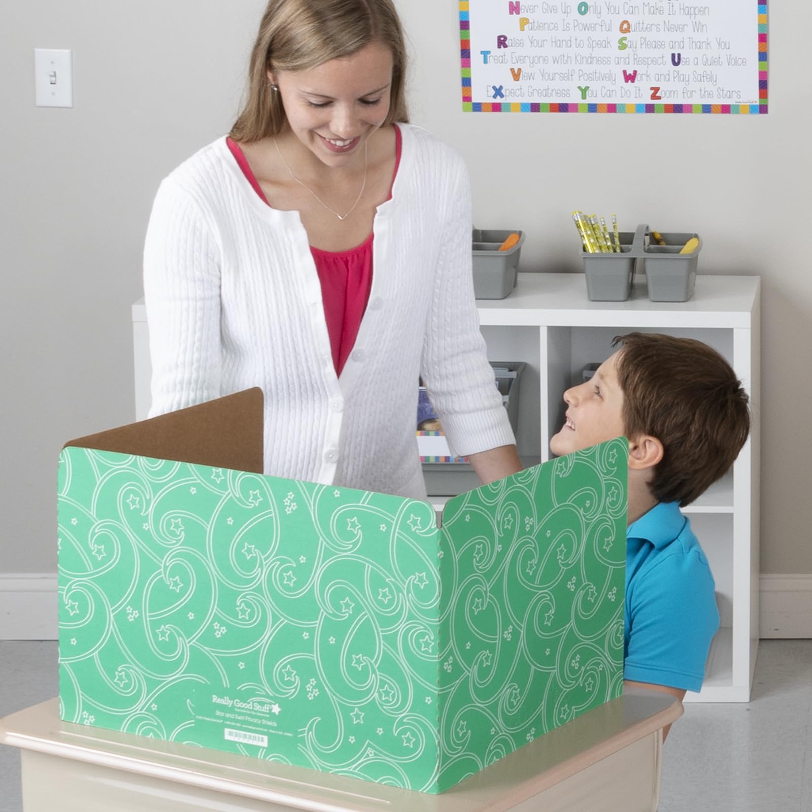 Really Good Stuff Standard Privacy Shields for Student Desks – Set of 12 - 6 Group Colors - Matte - Study Carrel Reduces Distractions - Keep Eyes From Wandering During Tests, Red, Blue, Green, Yellow, Orange & Purple With Stars & Swirls Pattern - Image 5
