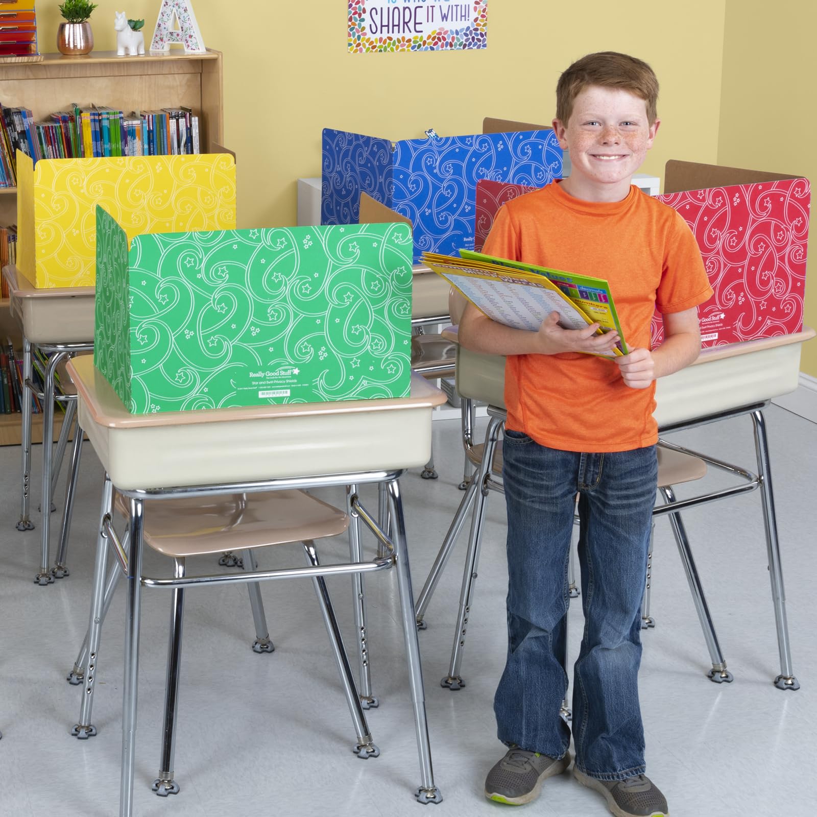 Really Good Stuff Standard Privacy Shields for Student Desks – Set of 12 - 6 Group Colors - Matte - Study Carrel Reduces Distractions - Keep Eyes From Wandering During Tests, Red, Blue, Green, Yellow, Orange & Purple With Stars & Swirls Pattern - Image 7