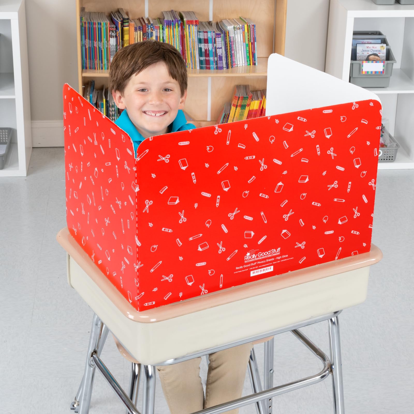 Really Good Stuff Standard Privacy Shields for Student Desks – Set of 12 - Matte - Study Carrel Reduces Distractions - Keep Eyes From Wandering During Tests , Red With School Supplies Pattern - Image 2