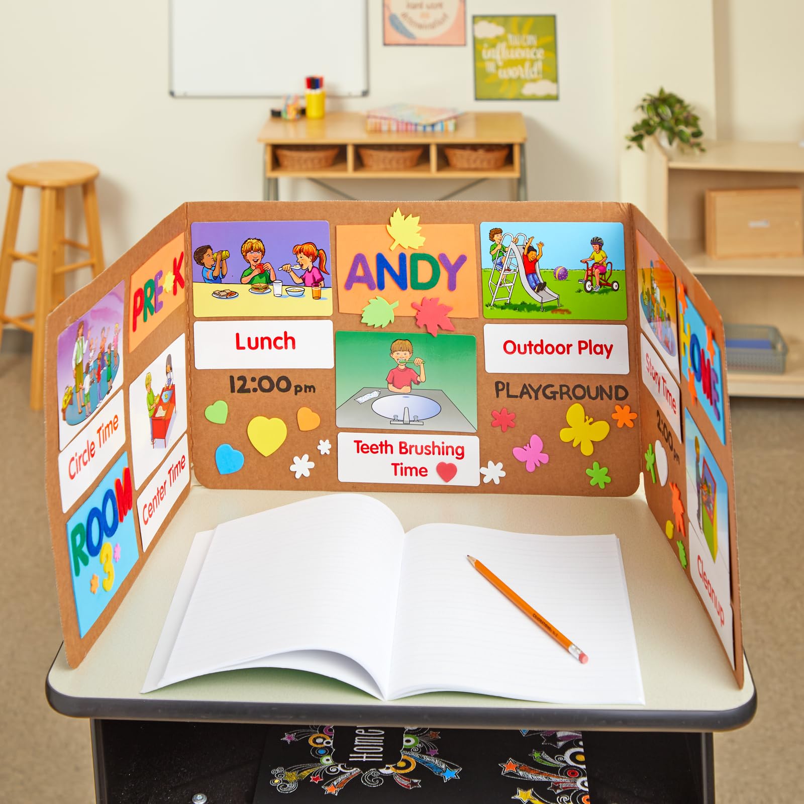Really Good Stuff Standard Privacy Shields for Student Desks – Set of 12 - Matte - Study Carrel Reduces Distractions - Keep Eyes From Wandering During Tests , Green With School Supplies Pattern - Image 2