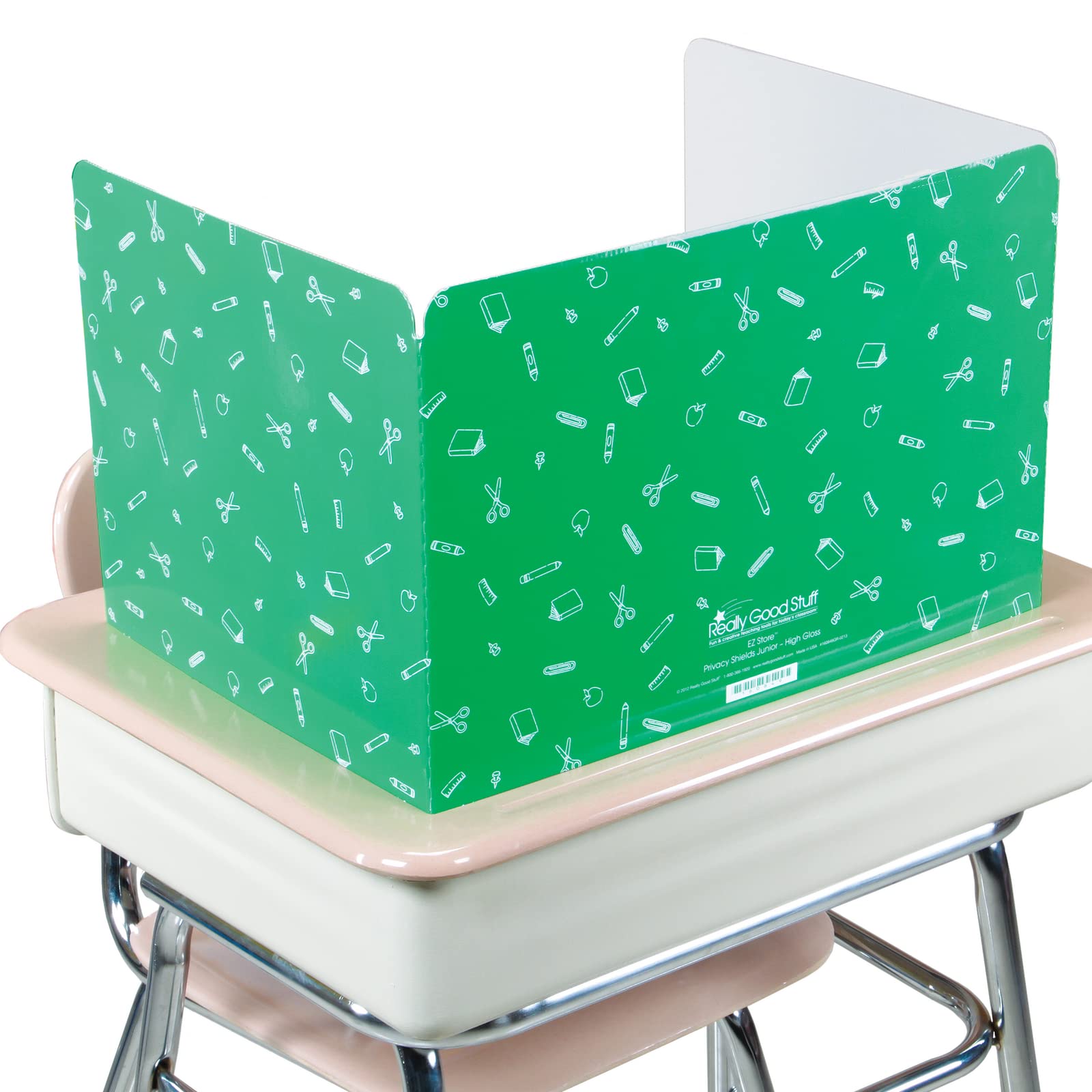 Really Good Stuff Standard Privacy Shields for Student Desks – Set of 12 - Matte - Study Carrel Reduces Distractions - Keep Eyes From Wandering During Tests , Green With School Supplies Pattern - Image 6
