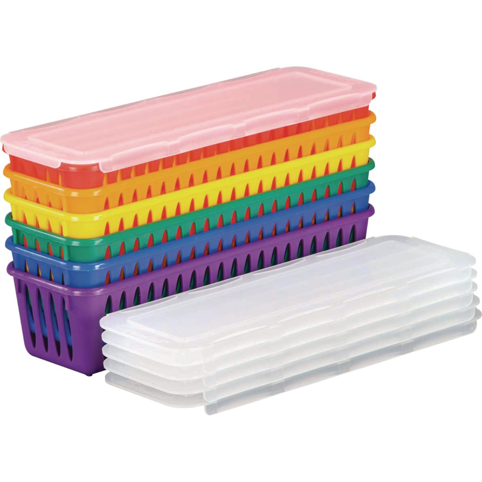 Really Good Stuff Storage Baskets, Set of 6 - Rainbow Colors with Sliding Lids - Plastic Mesh Bins for Pencils, Markers, Art Supplies - 3.25x10x2.5 inches
