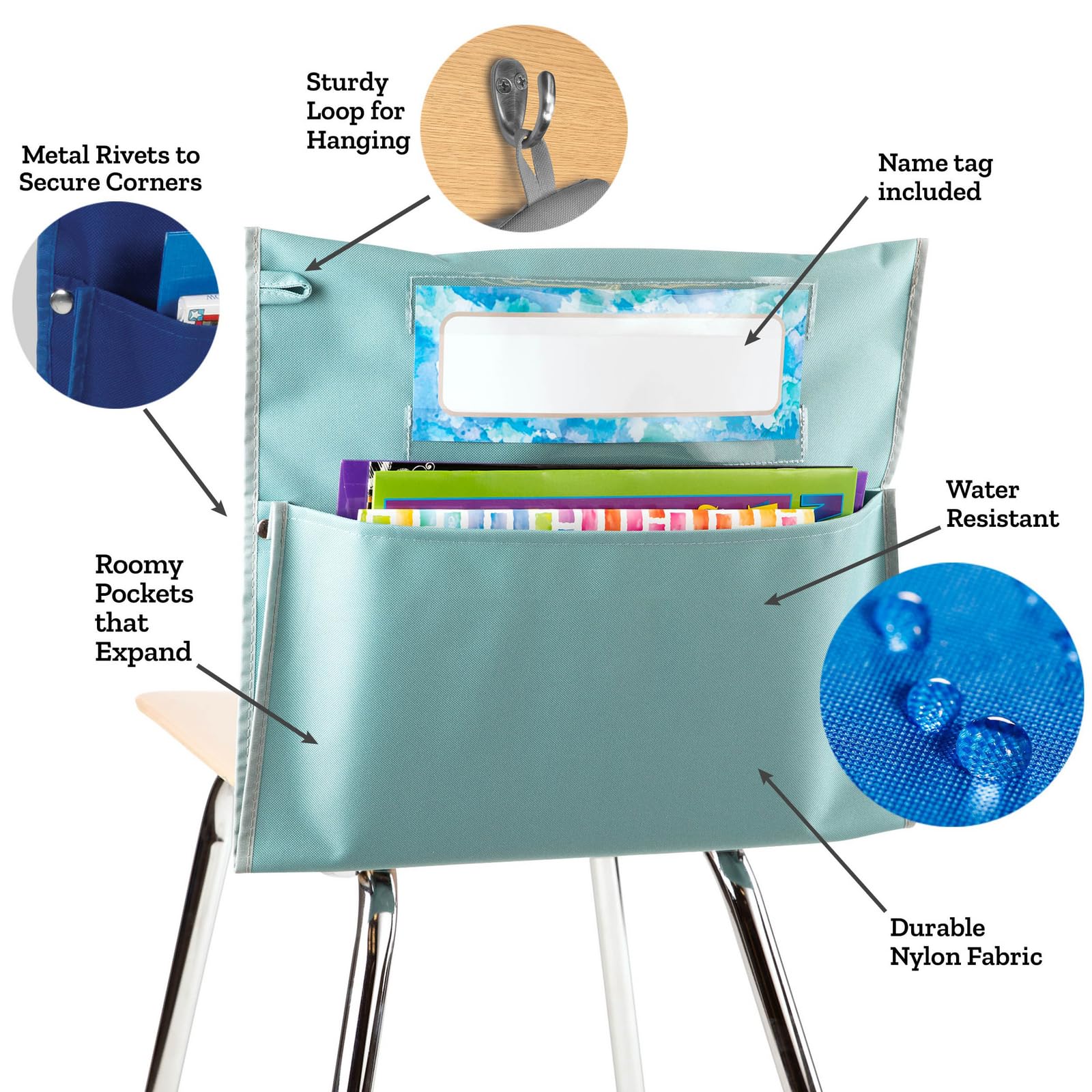 Really Good Stuff Store More Chair Pocket, Single, Water, Chairback Buddy, Classroom Chair and Seat Storage Organizer, for Students and Classroom Organization - Image 6