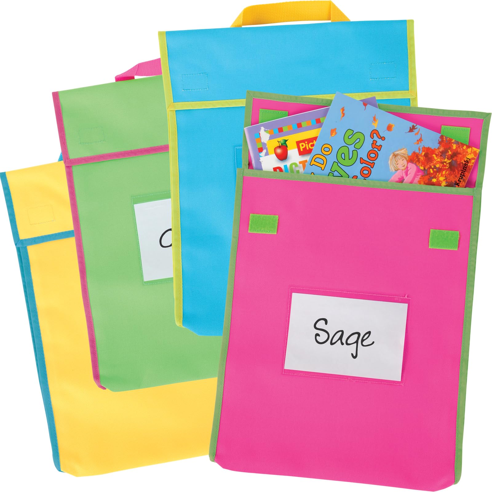 Really Good Stuff Store More Large Book Pouches, 36 Pack, Neon, Stitched-On Handle, Clear Name Tag Pocket, Durable Fabric, Water Resistant, Send Home Books and Homework