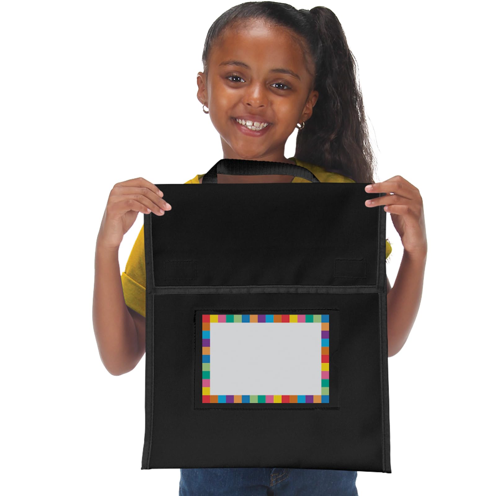 Really Good Stuff Store More Medium Book Pouches, 12 Pack, Black, Stitched-On Handle, Clear Name Tag Pocket, Durable Fabric, Water Resistant, Send Home Books and Homework